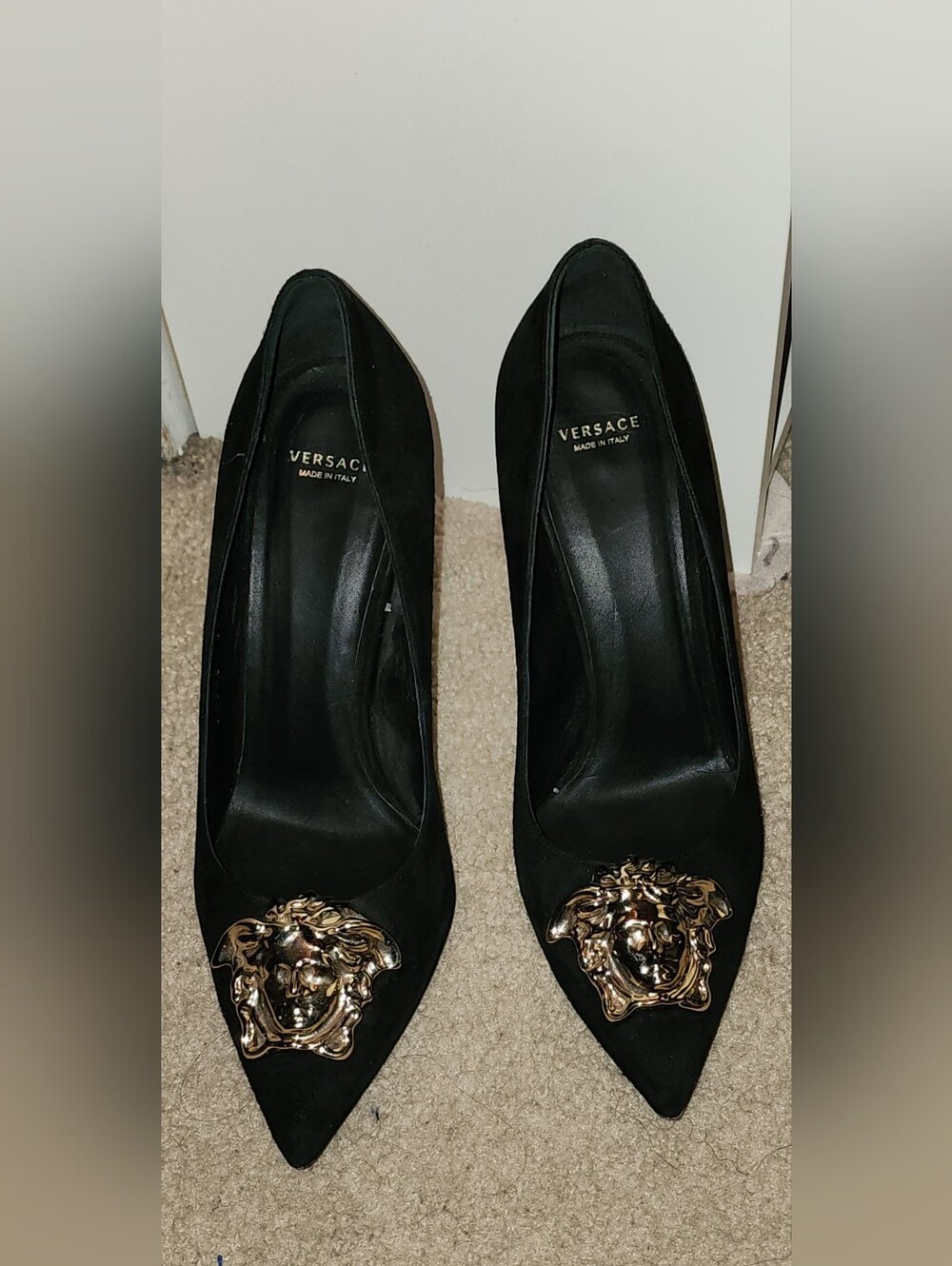 Versace Black Pointed Pumps with Gold Medusa Emblem